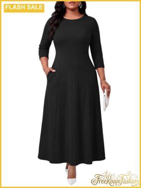 Plus Size Maxi Dress 3/4 Sleeve A-Line Pockets Casual Church